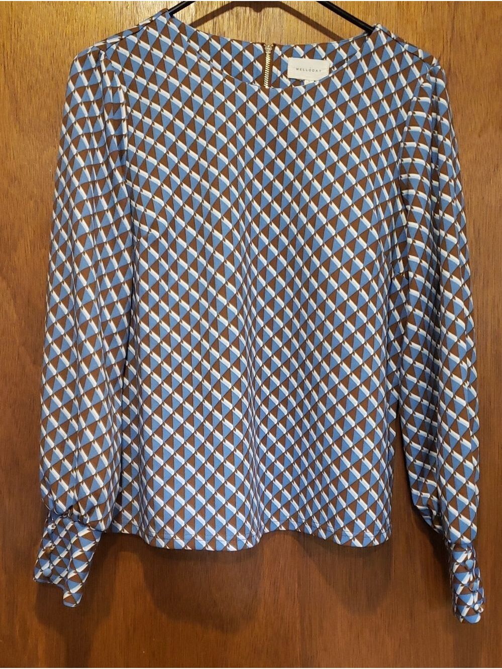 MELLODAY Blue and Brown Geometric Long-Sleeve Blouse